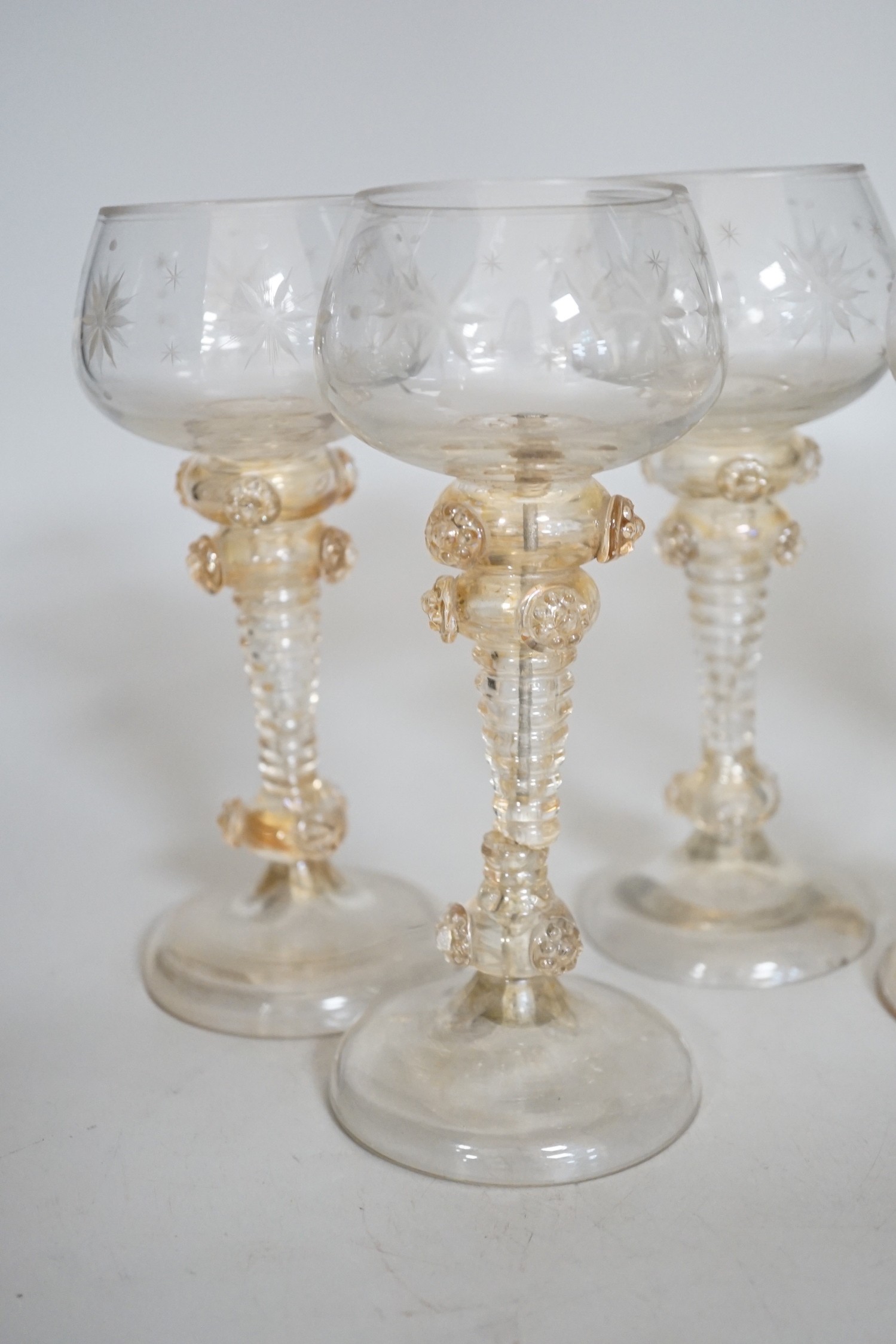 A set of six Venetian stemmed hock glasses. 17.5cm tall